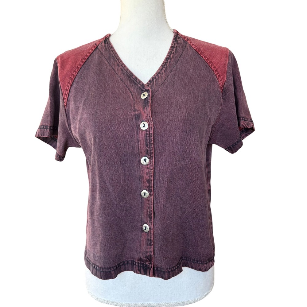 Melrose Studio Womens Acid Wash Button Front Top Burgundy Purple Size S